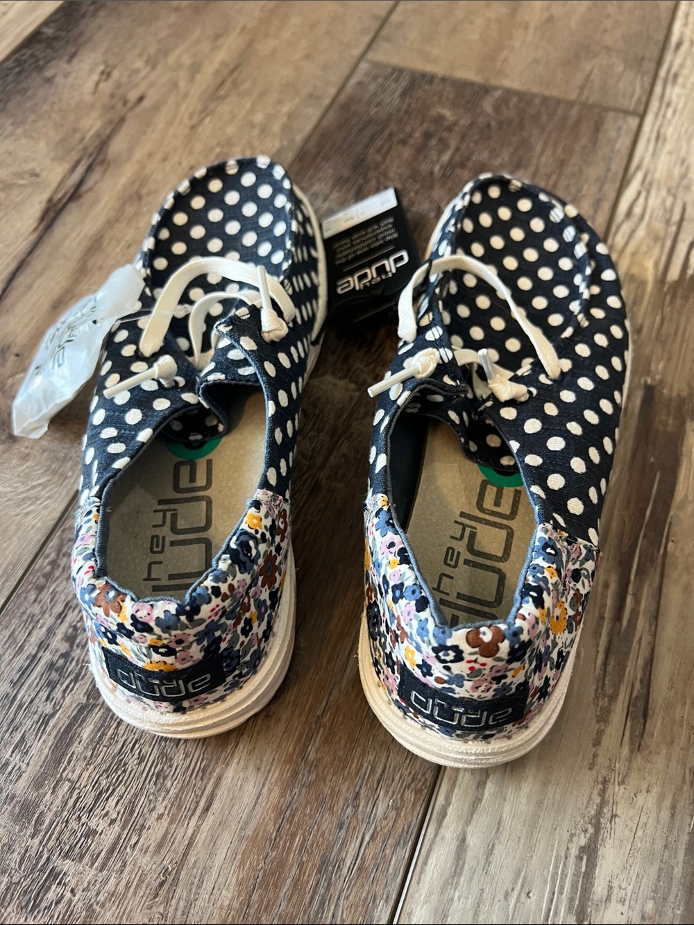 Hey Dude Navy Polka Dot Womens Slip-On Sneakers with Floral Trim - Picture 2 of 4
